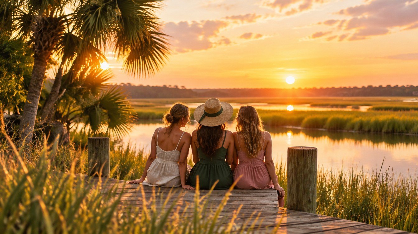 Friends on a wooden dock over the golden Savannah marsh at sunset