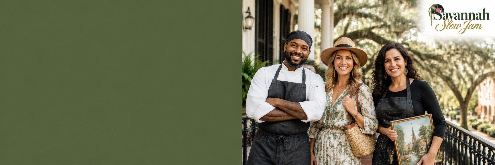 Smiling Savannah business owners on a porch with wrought-iron railings