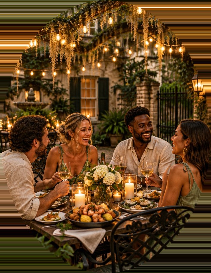 Friends sharing a Lowcountry supper on a candlelit Savannah courtyard